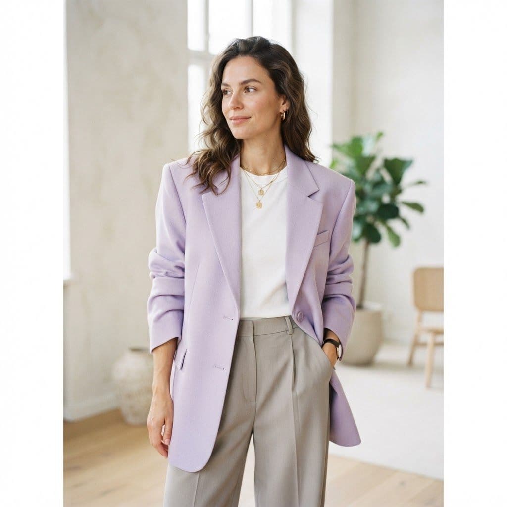 The Lilac Blazer — Soft lavender oversized blazer, luminous Scandinavian daylight