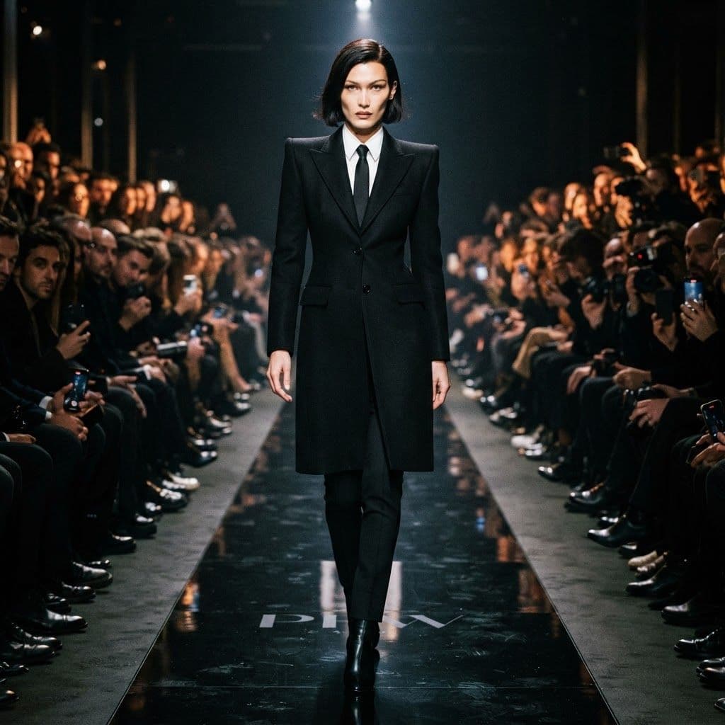 The Peaked Tuxedo — Sharp black peaked-shoulder tailoring, direct catwalk camera flash