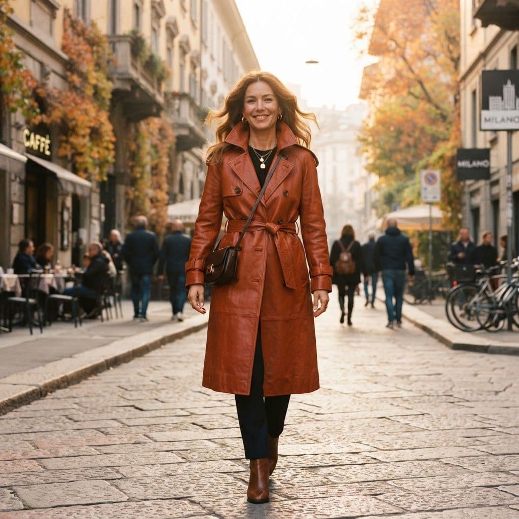 The Terracotta Trench — Rich burnt amber leather, golden afternoon sun, Milan street