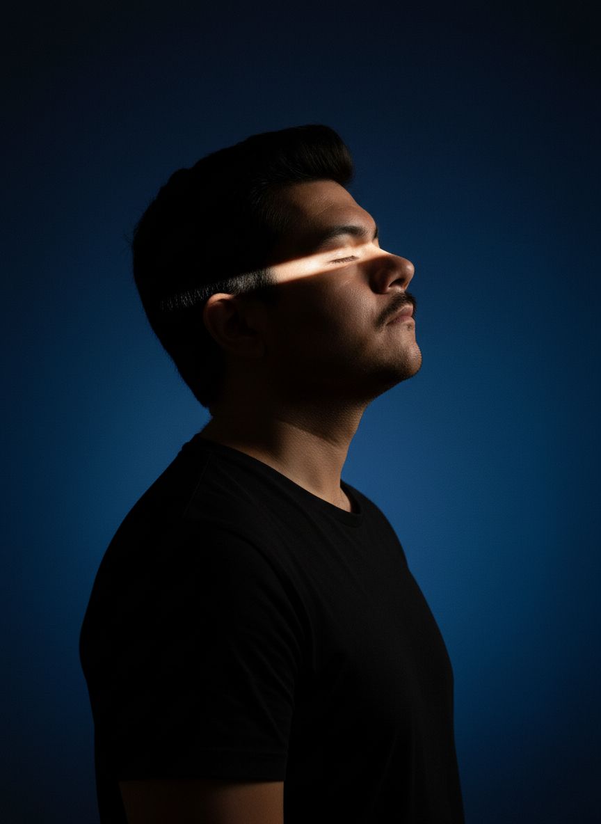 Man in profile wearing black t-shirt with dramatic lighting creating a bright horizontal band across his face against a deep blue background.