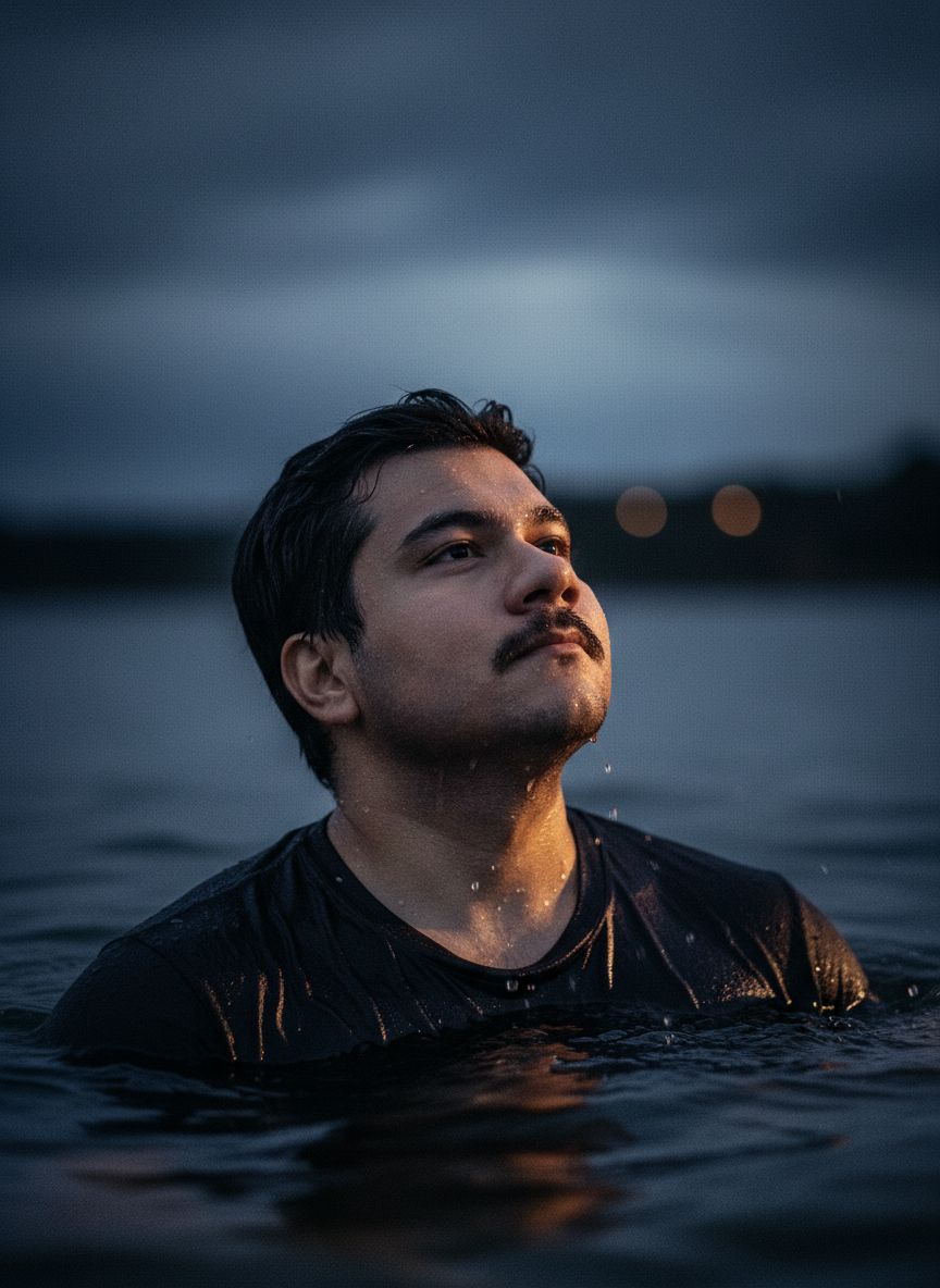 Man partially submerged in water at dusk, looking upward with golden light on his face.