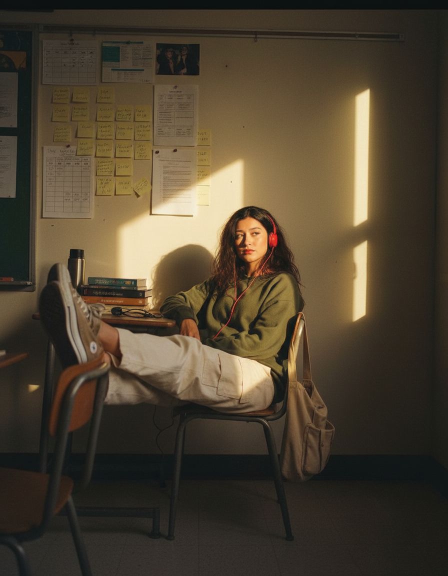 Woman in classroom wearing headphones with feet on desk, bathed in warm sunlight.